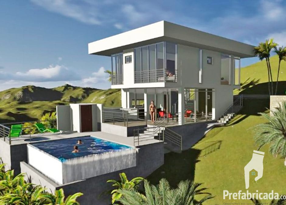 Casa prefabricada moderna minimalista blanca con piscina, terraza y vista al paisaje