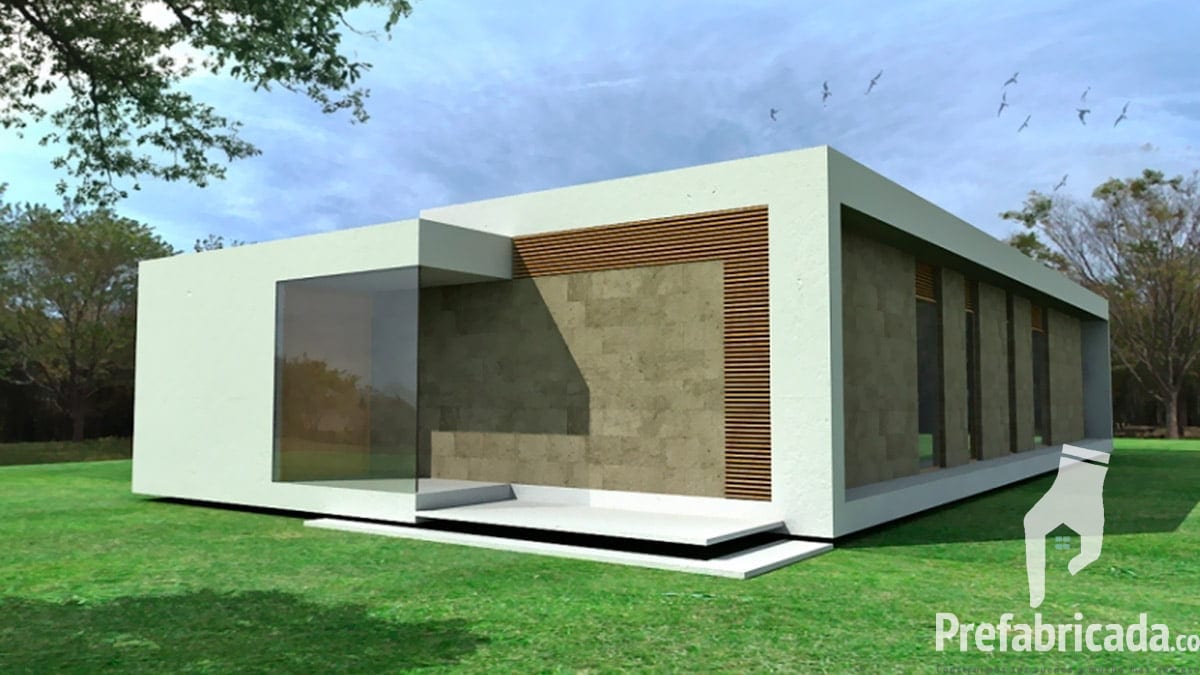 Casa prefabricada minimalista de una planta con ventanal, terraza y árboles, en diseño de proyecto