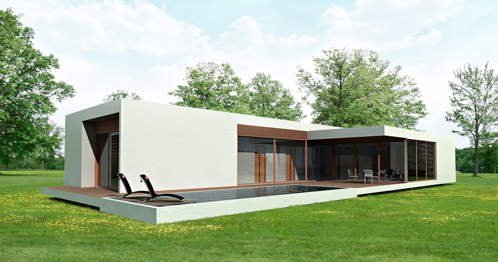 Casa prefabricada minimalista blanca con ventanal, terraza y jardín, en diseño de proyecto