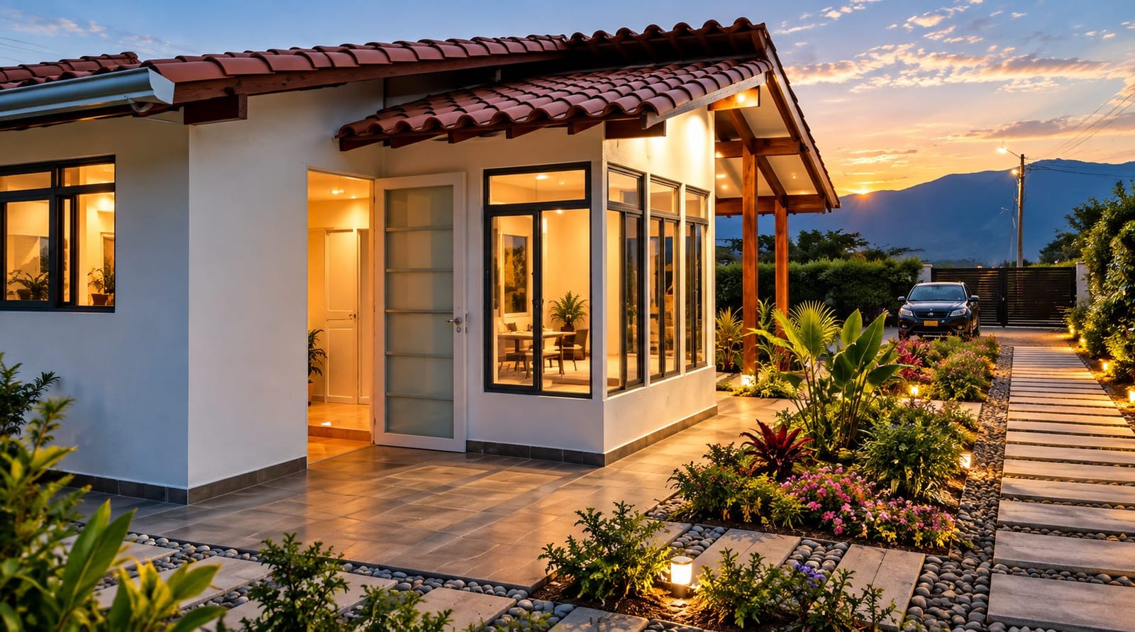 Casa prefabricada de Prefabricada.co terminada al atardecer, con teja de barro, ventanal, jardín y acceso iluminado